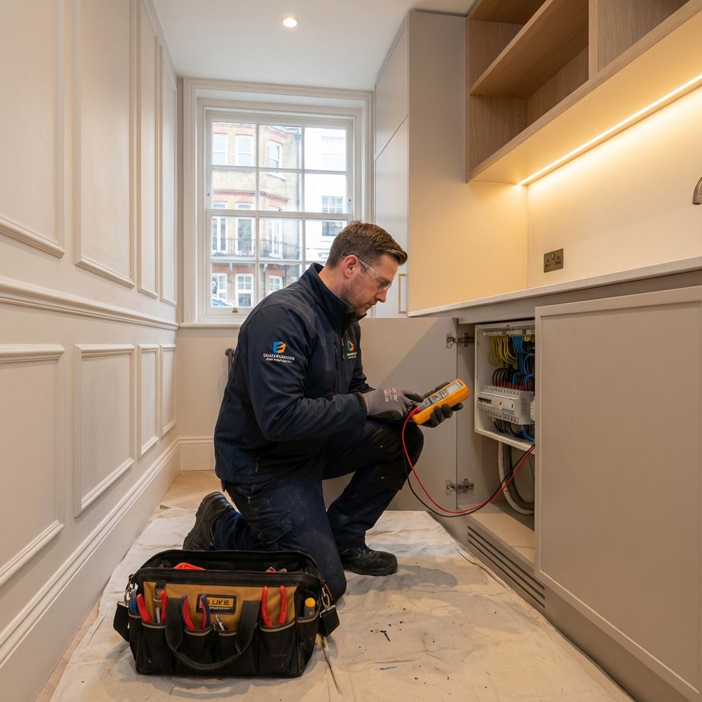 Certified electrician inspecting wiring in a London home